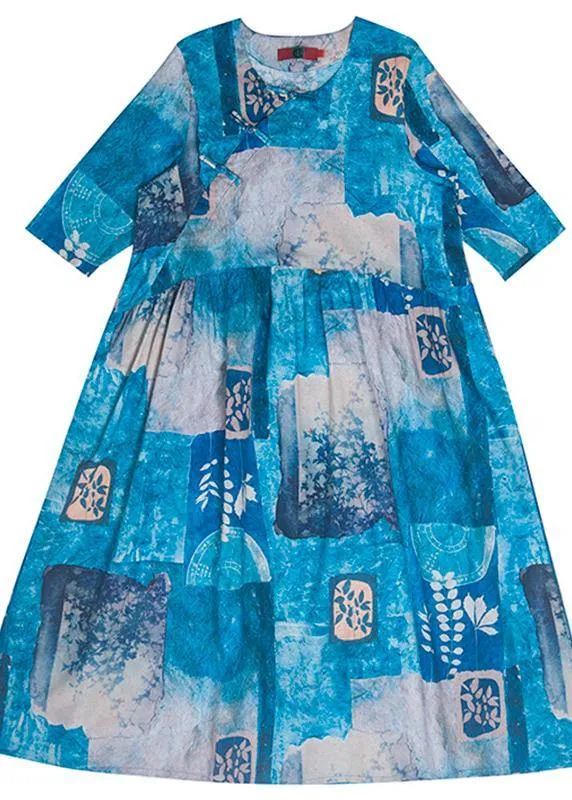 100% Blue Print Quilting Clothes O Neck Cinched A Line Spring Dresses