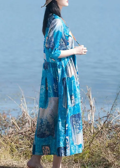 100% Blue Print Quilting Clothes O Neck Cinched A Line Spring Dresses