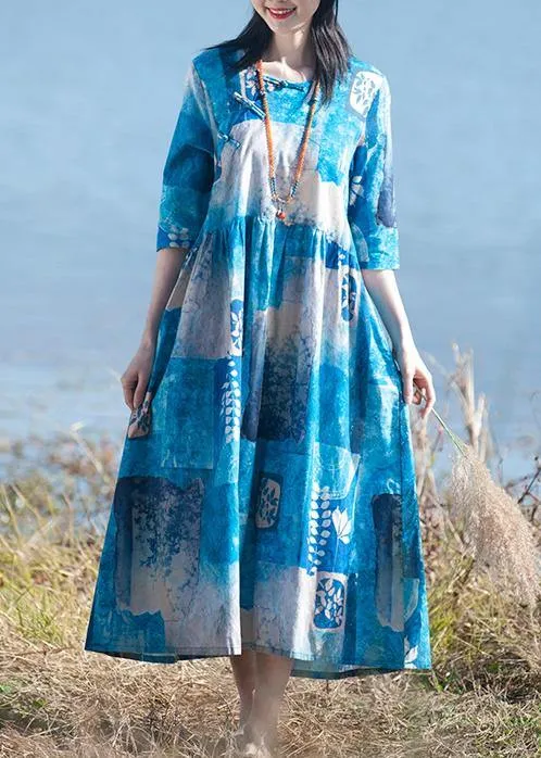 100% Blue Print Quilting Clothes O Neck Cinched A Line Spring Dresses