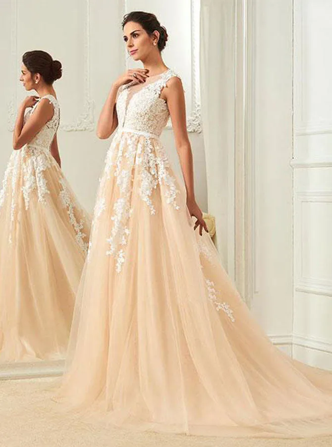 Aline Wedding Dresses,Colored Wedding Dress,Bridal Dress with Appliques,Tulle Bridal Gown,WD00124