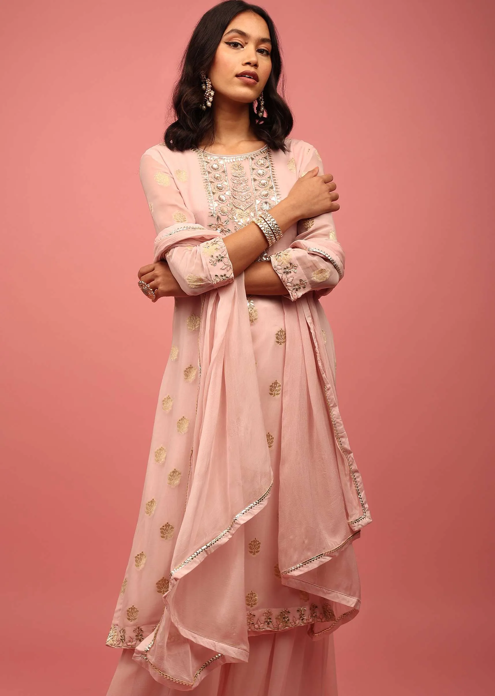 Baby Pink Straight Palazzo Suit Set In Banarasi Georgette With Brocade Work