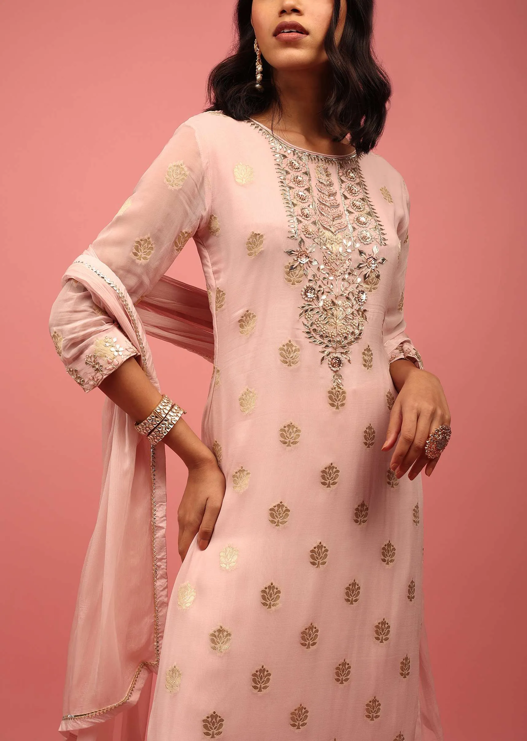Baby Pink Straight Palazzo Suit Set In Banarasi Georgette With Brocade Work