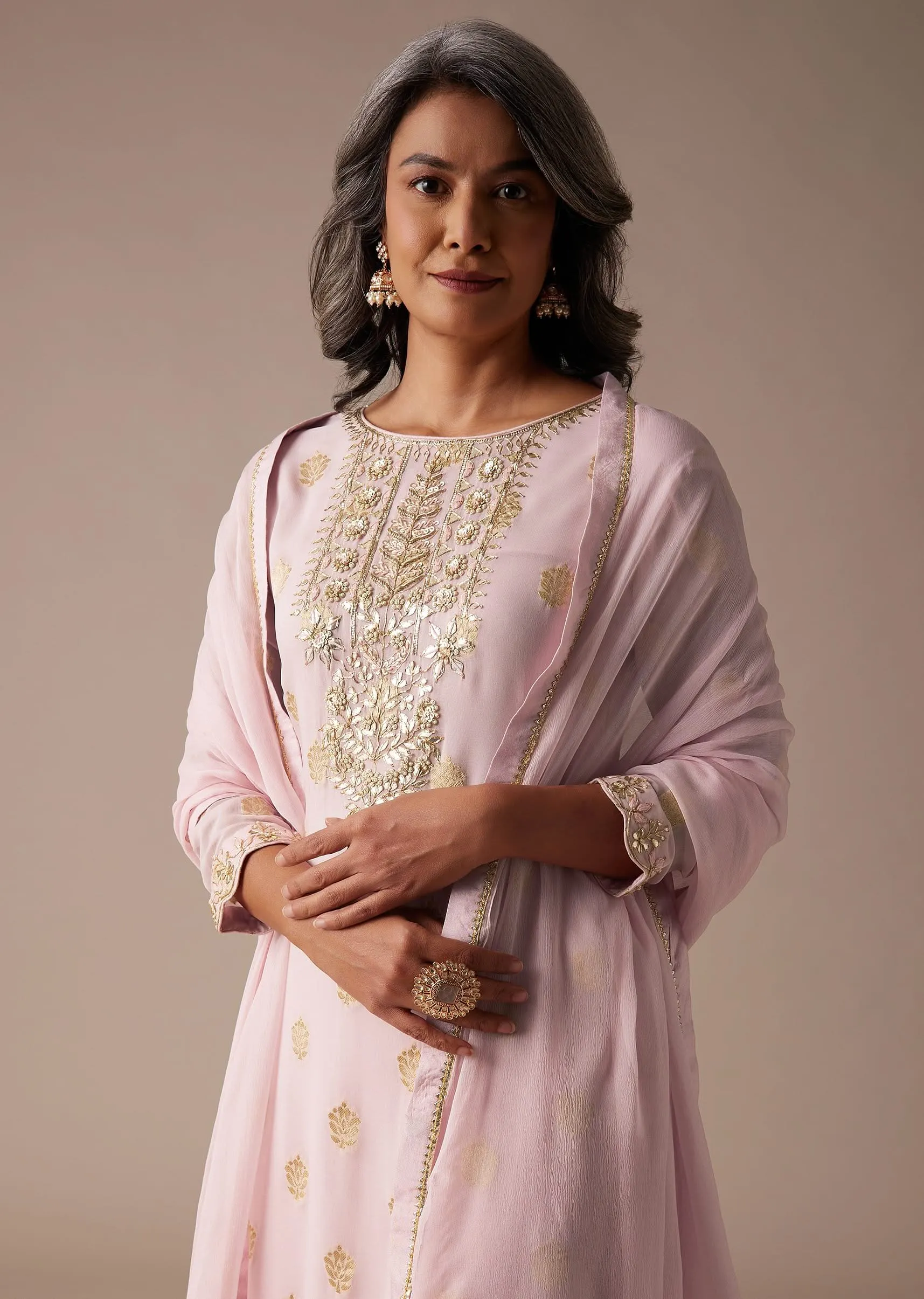 Baby Pink Straight Palazzo Suit Set In Banarasi Georgette With Brocade Work