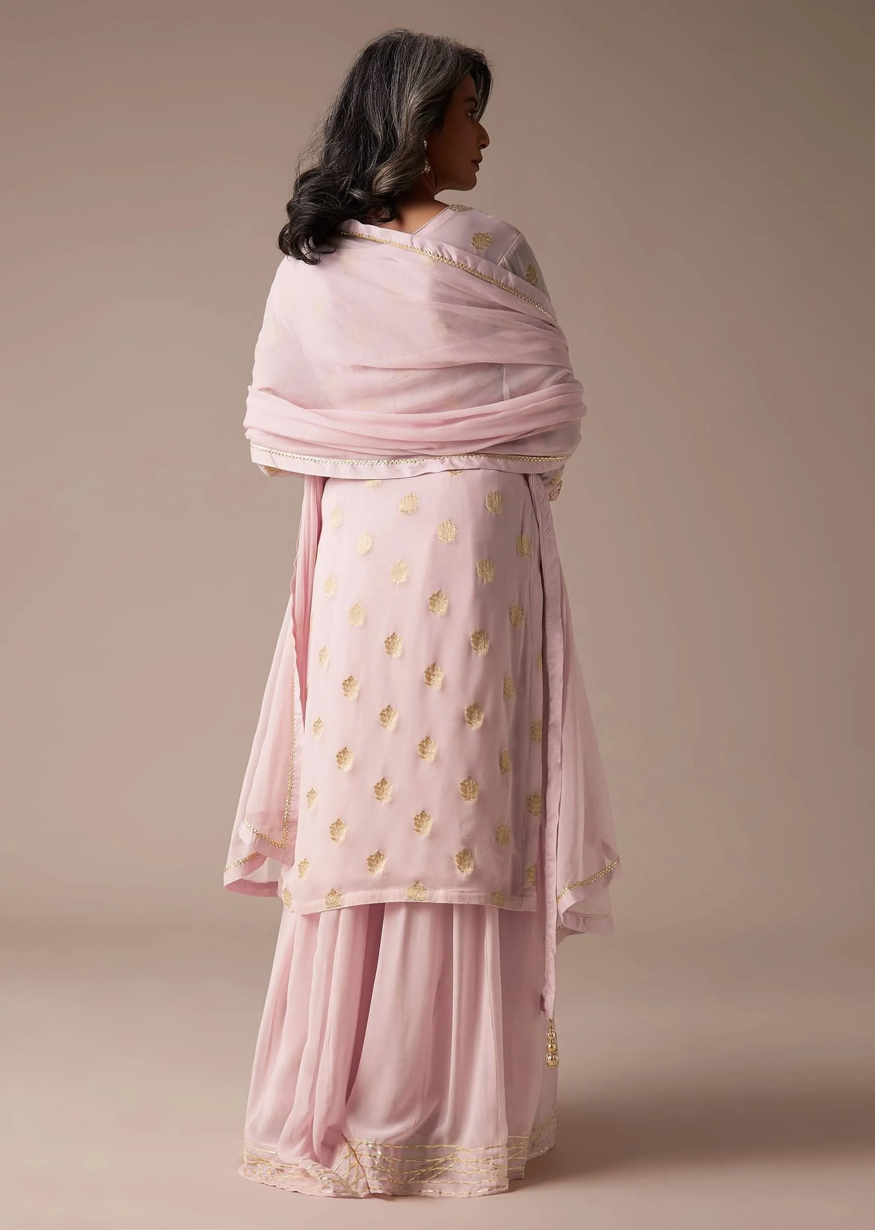 Baby Pink Straight Palazzo Suit Set In Banarasi Georgette With Brocade Work