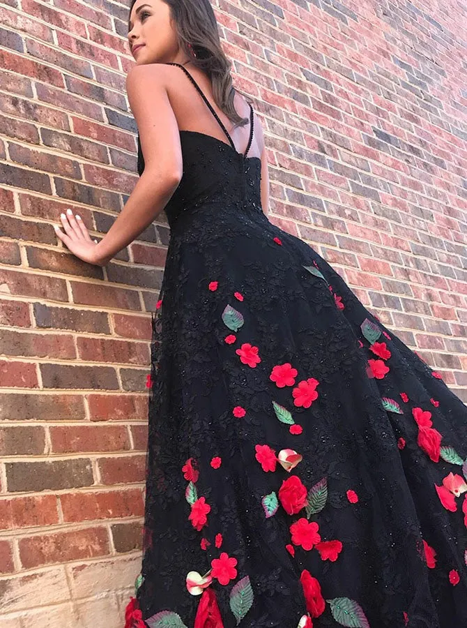 Black Prom Dresses,Lace Prom Dress,Floral Prom Dress,Princess Prom Dress,PD00231