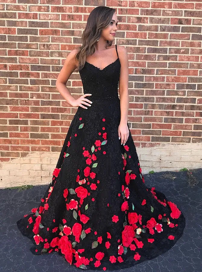 Black Prom Dresses,Lace Prom Dress,Floral Prom Dress,Princess Prom Dress,PD00231