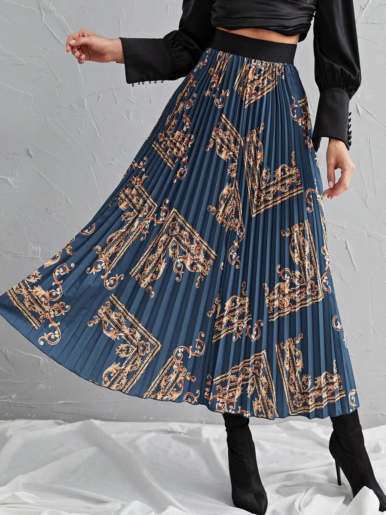 Boho Baroque Pleated High Waist Long Women Skirt