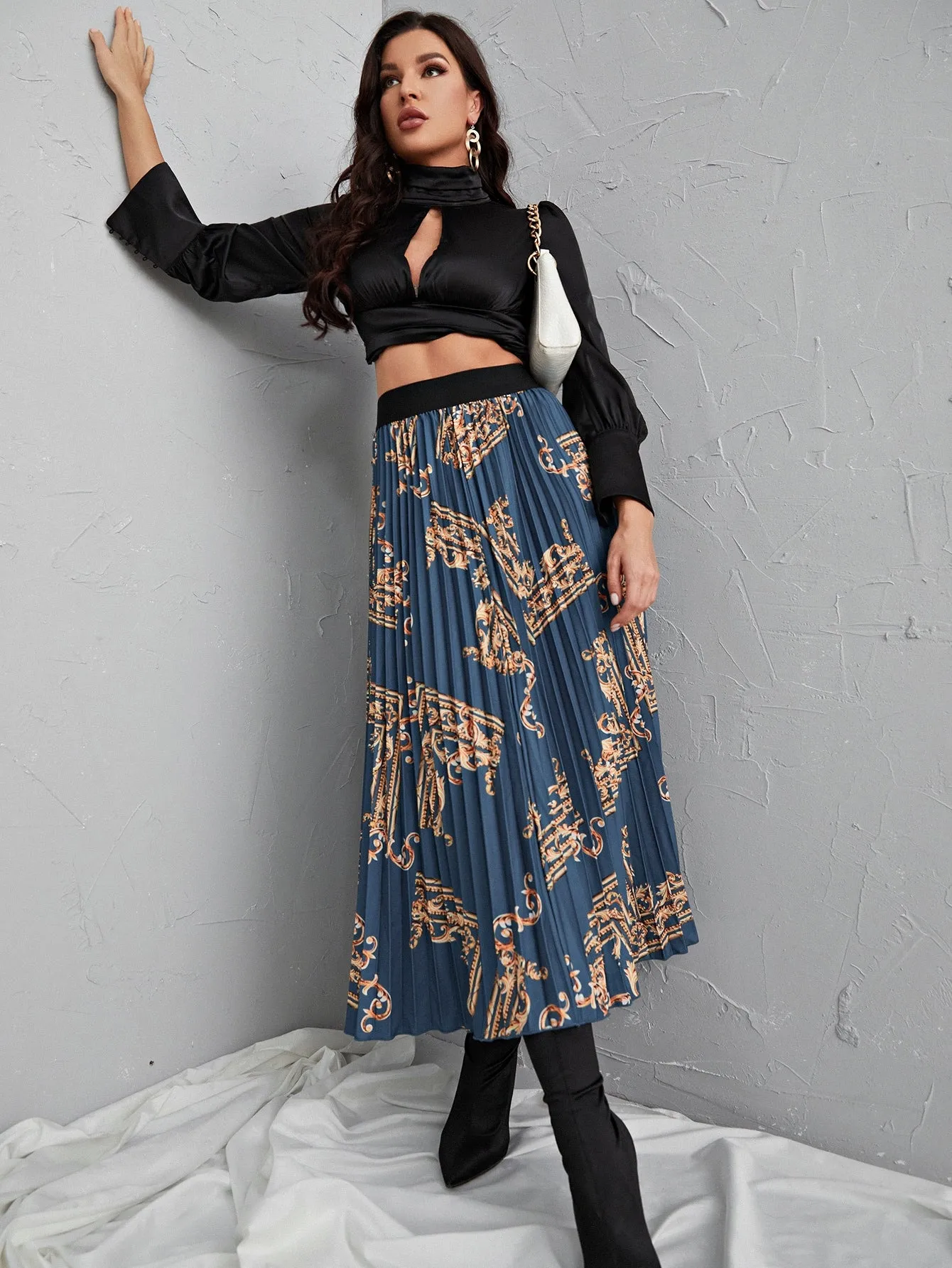 Boho Baroque Pleated High Waist Long Women Skirt