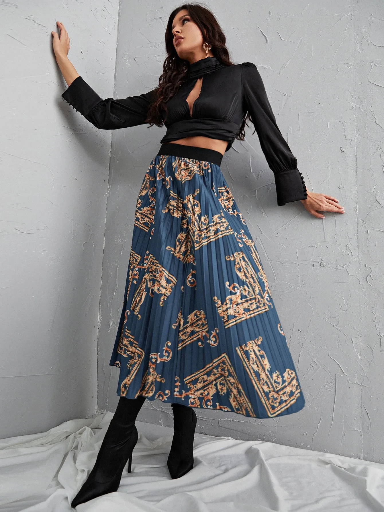 Boho Baroque Pleated High Waist Long Women Skirt