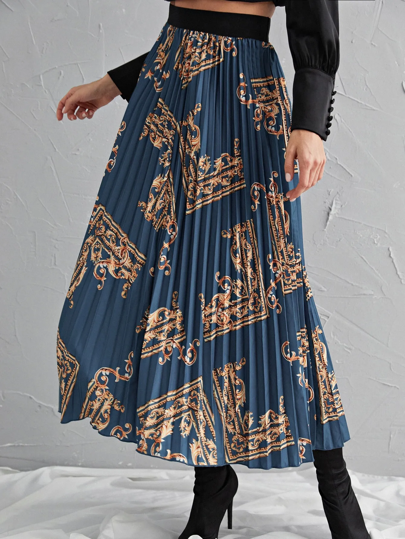 Boho Baroque Pleated High Waist Long Women Skirt