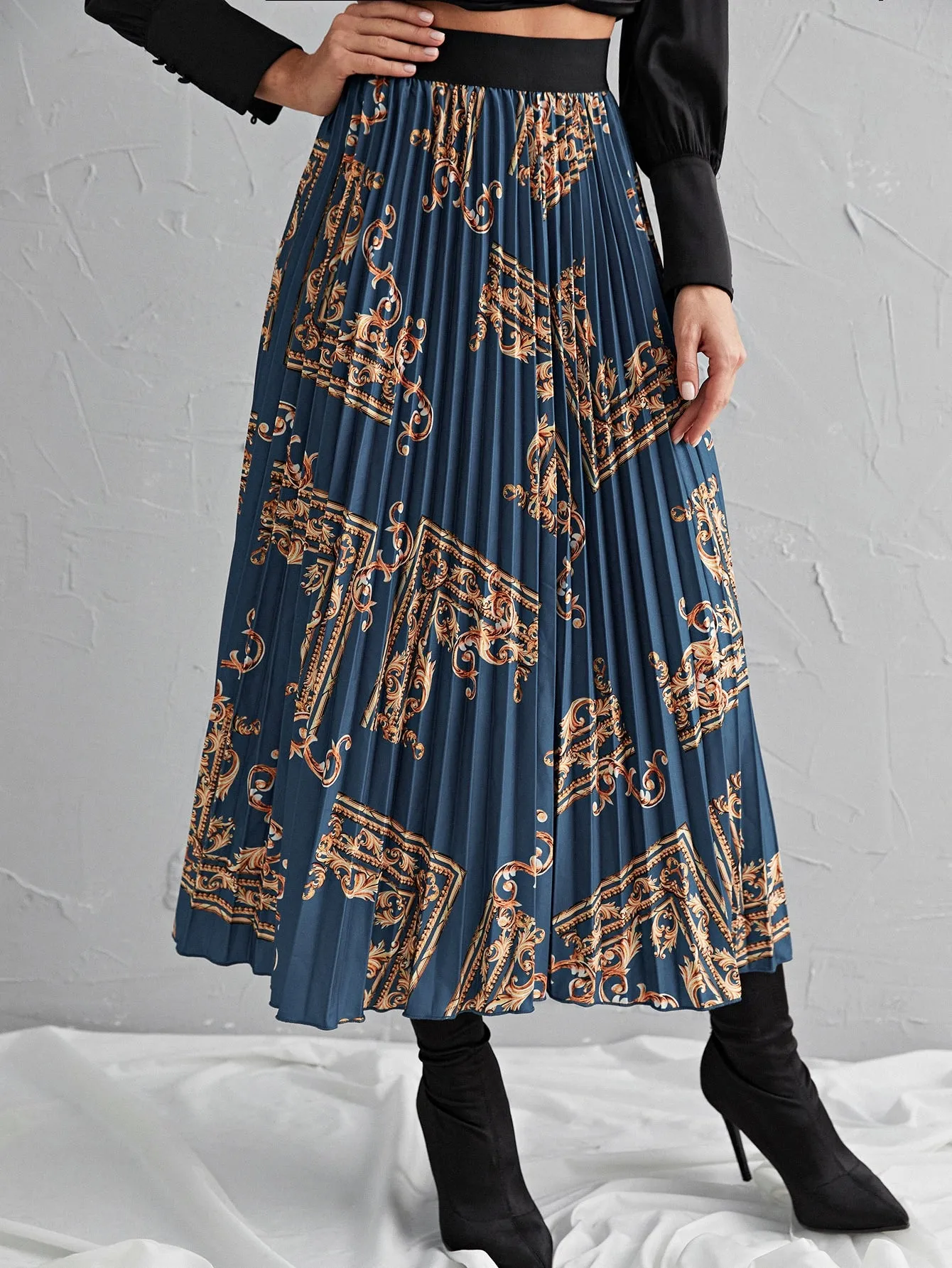 Boho Baroque Pleated High Waist Long Women Skirt