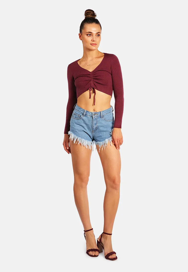 Destroyed Hem Rhinestone Patch Denim Shorts