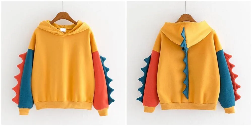 Dinosaur Sweatshirts Women Hoodies Warm Pullovers Tops With Horns