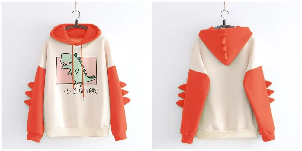 Dinosaur Sweatshirts Women Hoodies Warm Pullovers Tops With Horns