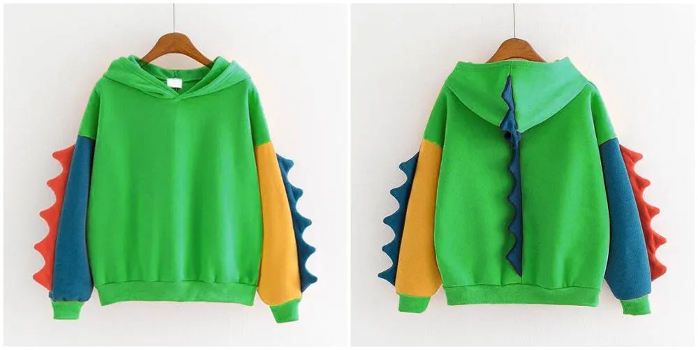 Dinosaur Sweatshirts Women Hoodies Warm Pullovers Tops With Horns