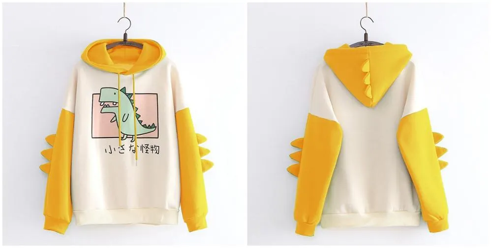 Dinosaur Sweatshirts Women Hoodies Warm Pullovers Tops With Horns