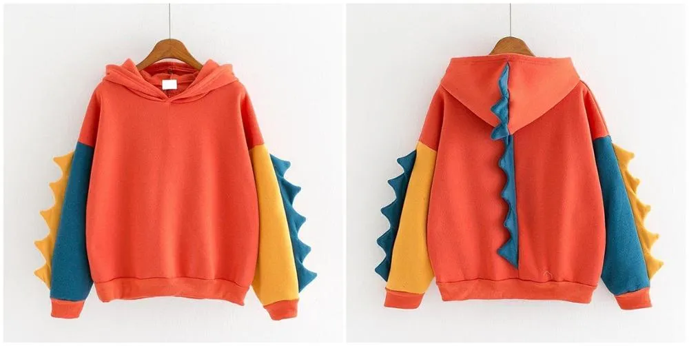 Dinosaur Sweatshirts Women Hoodies Warm Pullovers Tops With Horns
