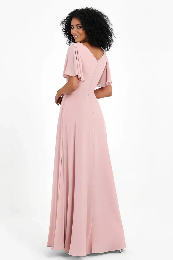 Elegant Wedding Guest Dresses Flutter Sleeves Long Chiffon Bridesmaid Dresses Gown
