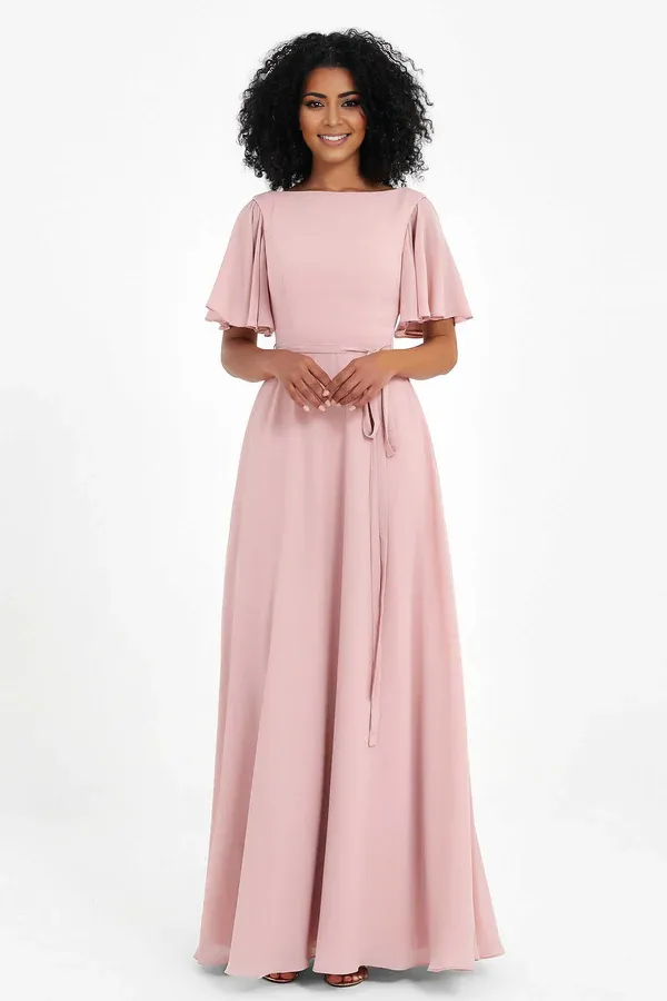 Elegant Wedding Guest Dresses Flutter Sleeves Long Chiffon Bridesmaid Dresses Gown