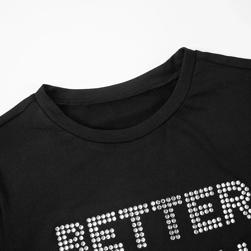 Fashion Sexy Women Letter Glitter Rhinestone Crop Shirts Short Sleeve O Neck Slim Cropped Top Party Shiny Hot Drilling T Shirts
