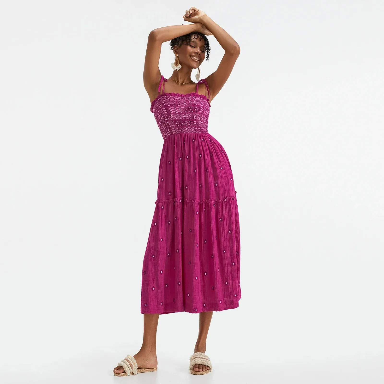 Floral Embroidered Midi Dress for Summer Casual Evenings