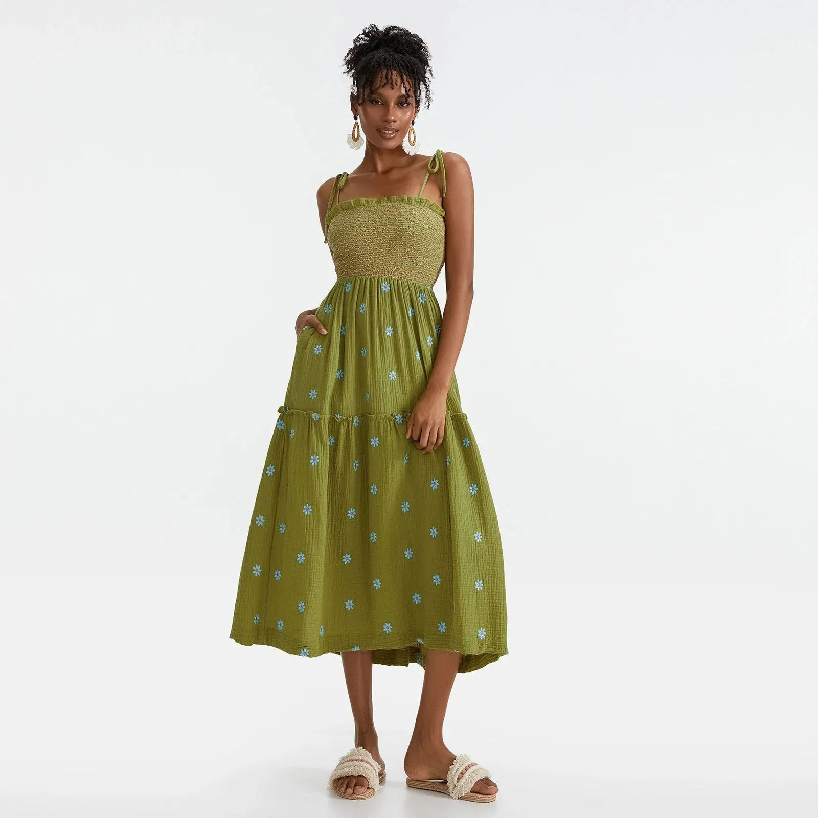 Floral Embroidered Midi Dress for Summer Casual Evenings