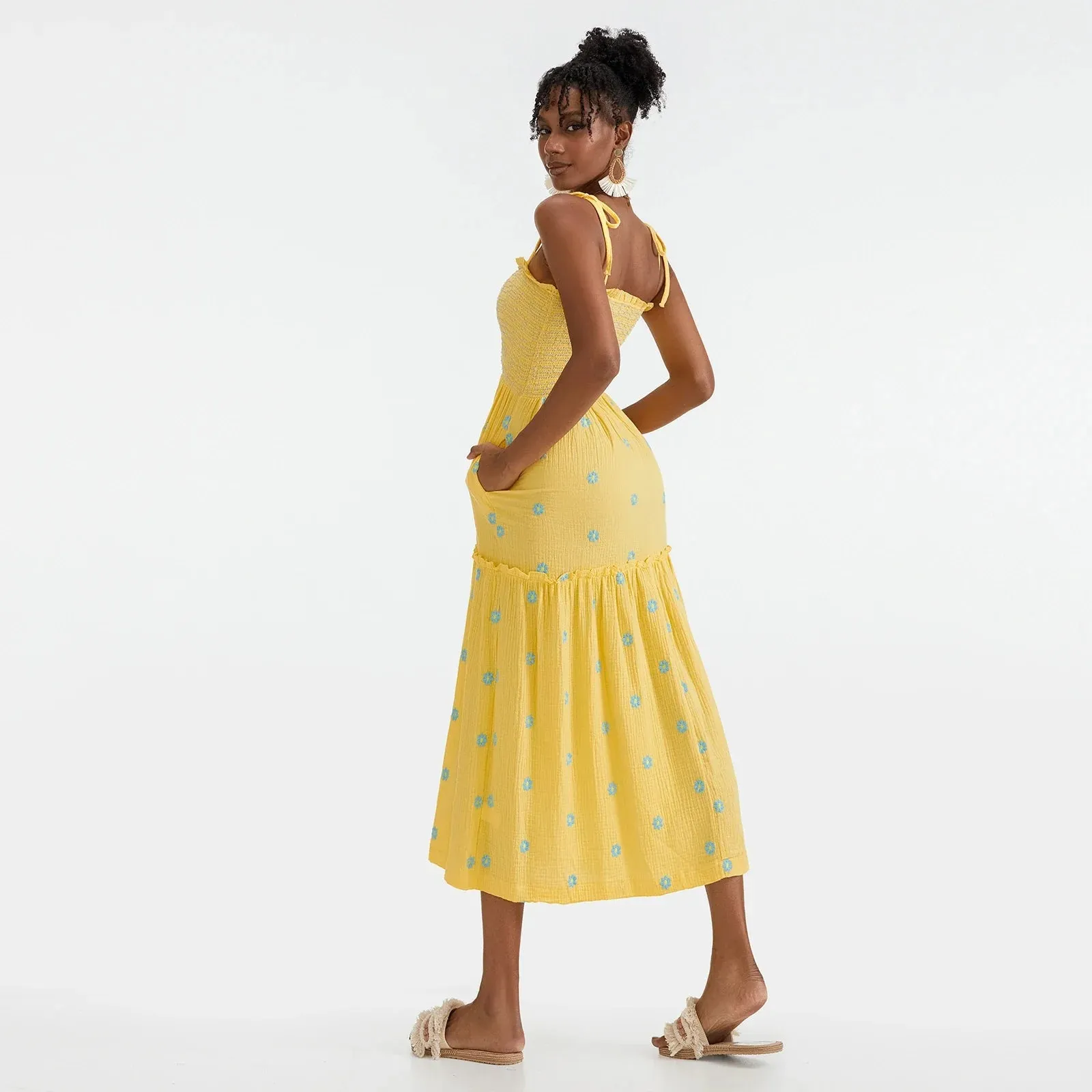 Floral Embroidered Midi Dress for Summer Casual Evenings
