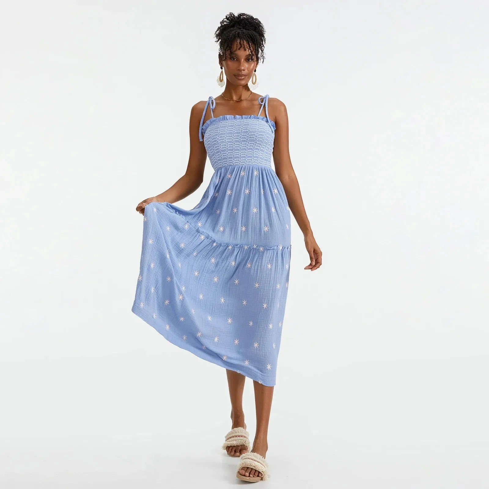 Floral Embroidered Midi Dress for Summer Casual Evenings