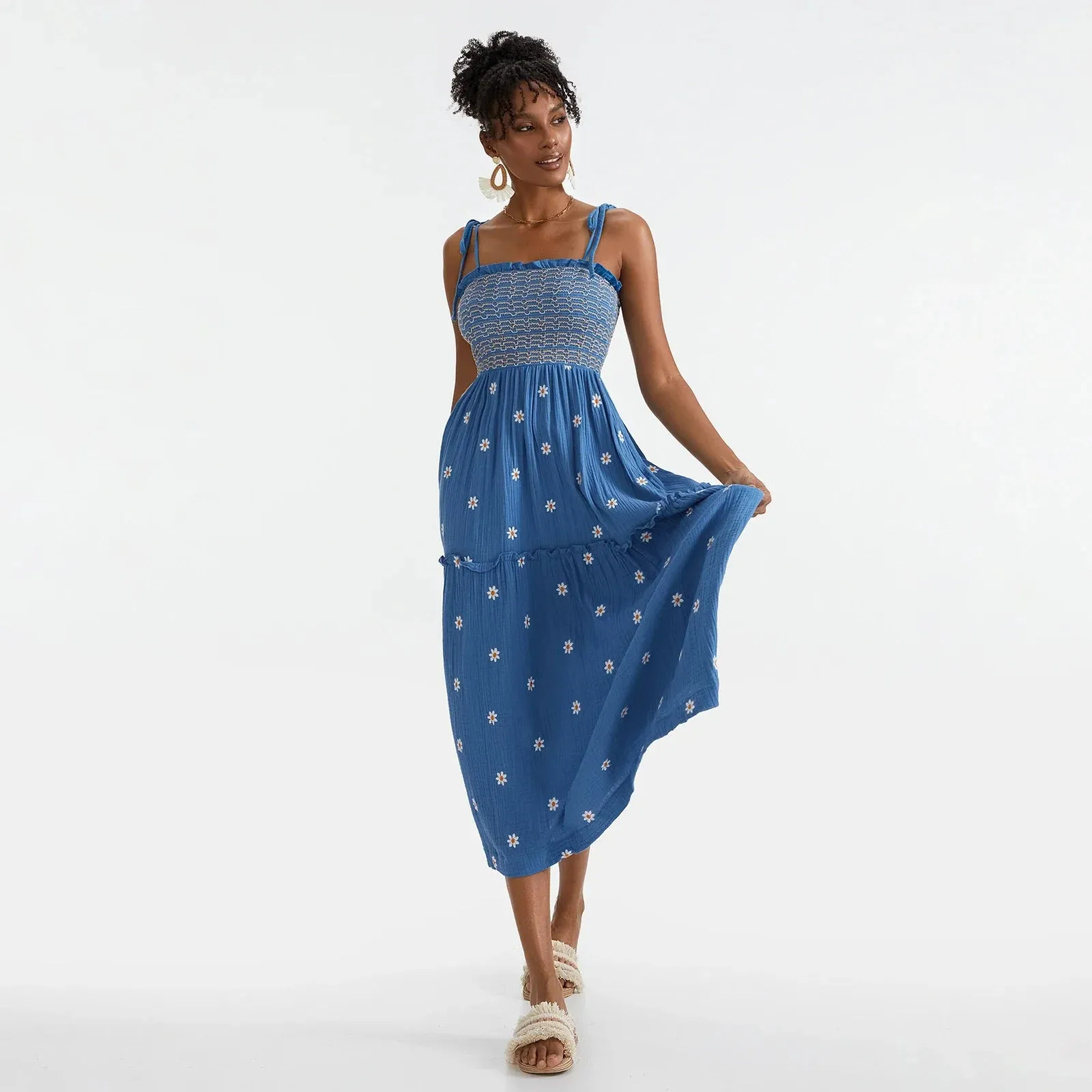 Floral Embroidered Midi Dress for Summer Casual Evenings