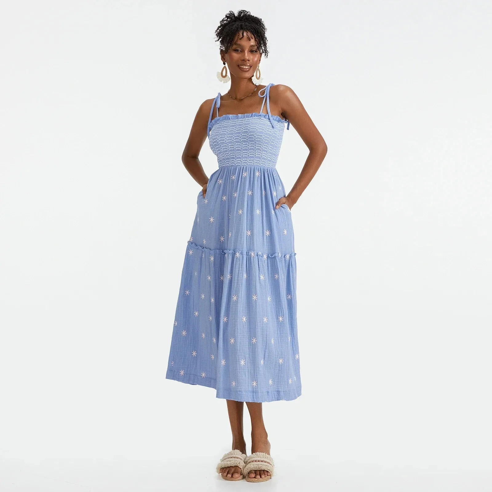 Floral Embroidered Midi Dress for Summer Casual Evenings