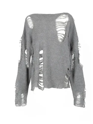 Grauer Gothic-Pullover mit Fransen und Langarm