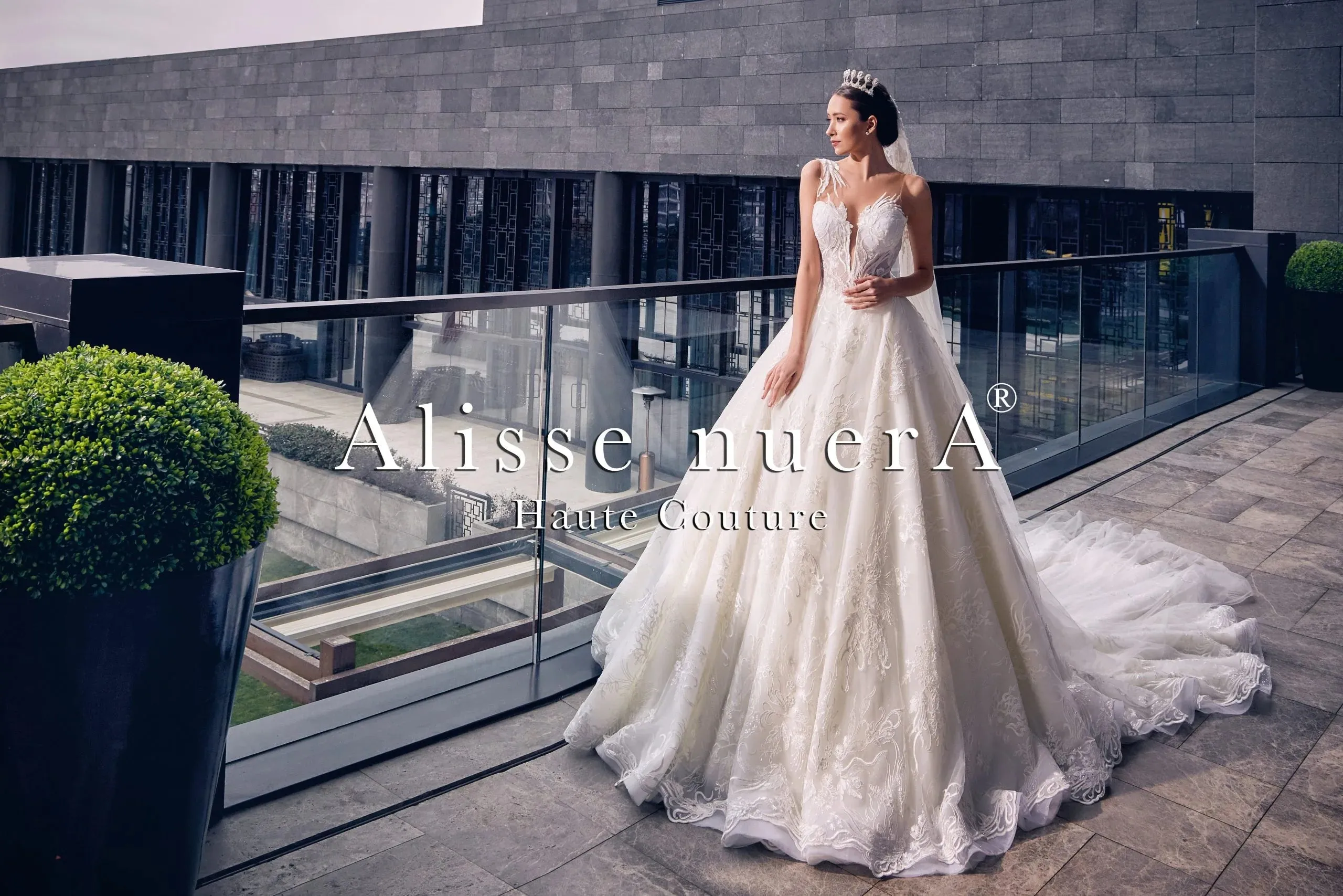 Illusion Off White A Line Wedding Dress with Long Train