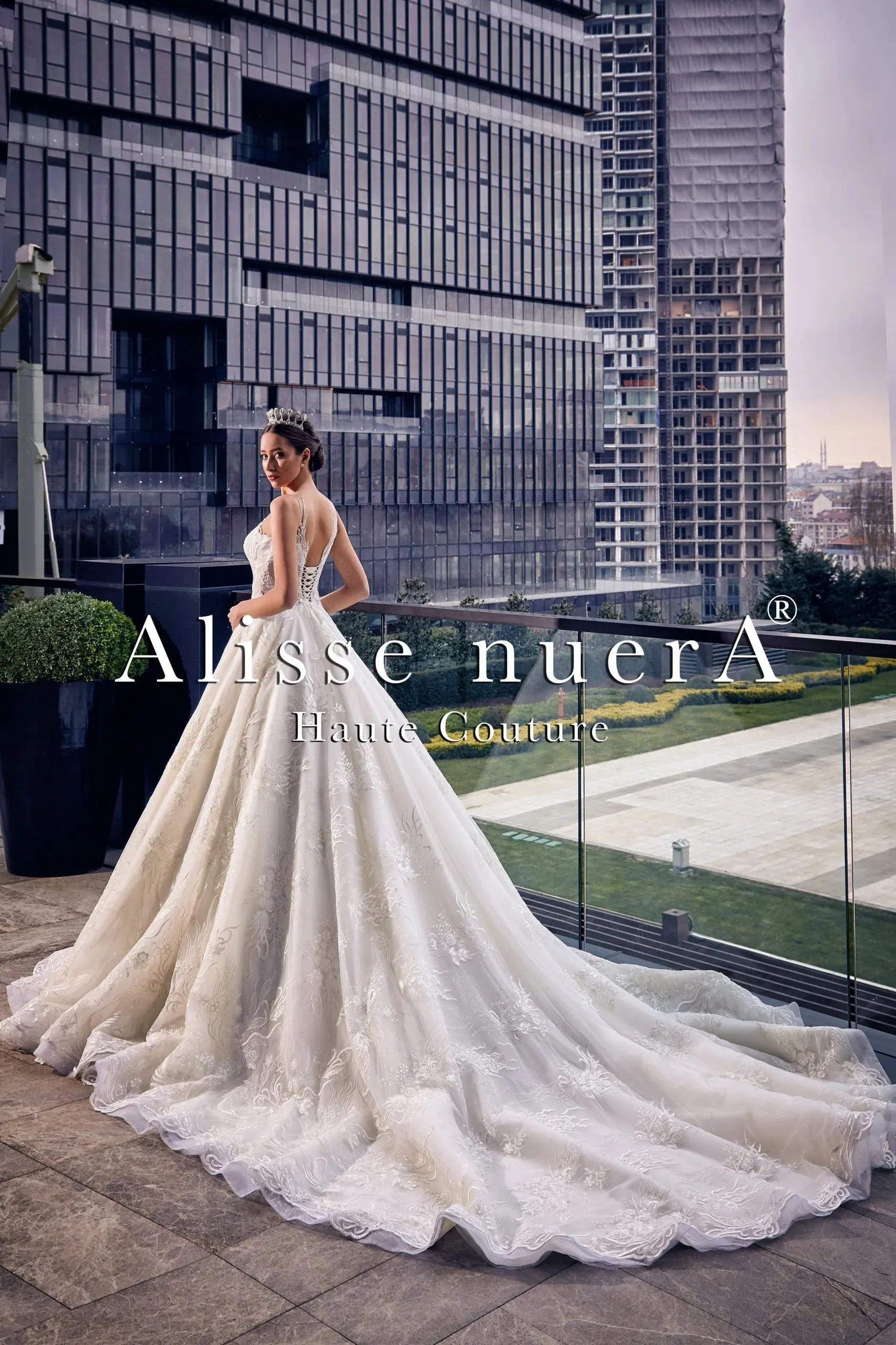 Illusion Off White A Line Wedding Dress with Long Train