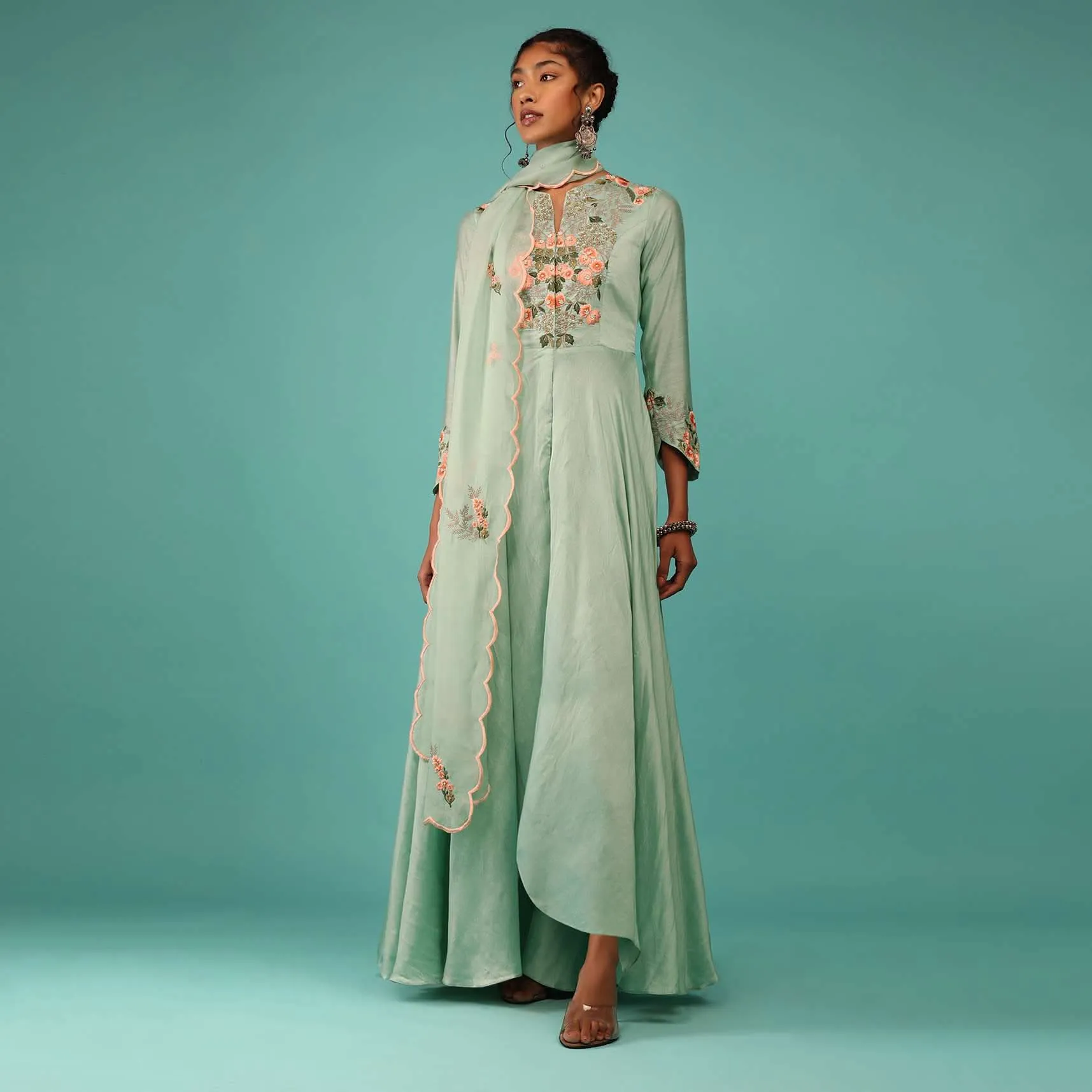 Kalki Dusty Aqua Green Pant Suit Set In Chanderi With Kashmiri Thread Embroidery For Women