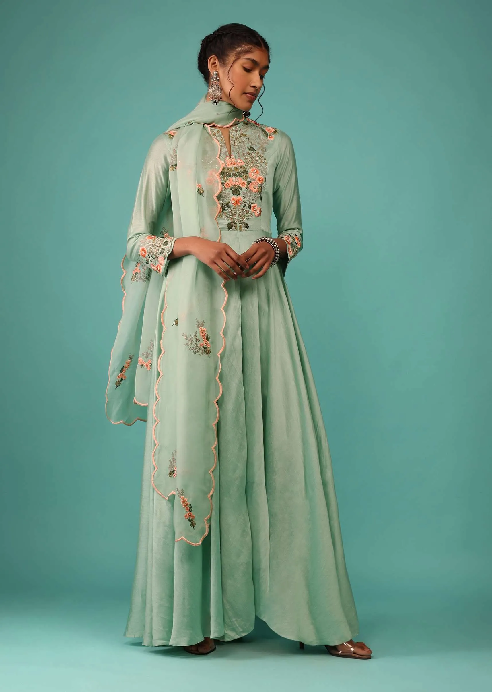 Kalki Dusty Aqua Green Pant Suit Set In Chanderi With Kashmiri Thread Embroidery For Women