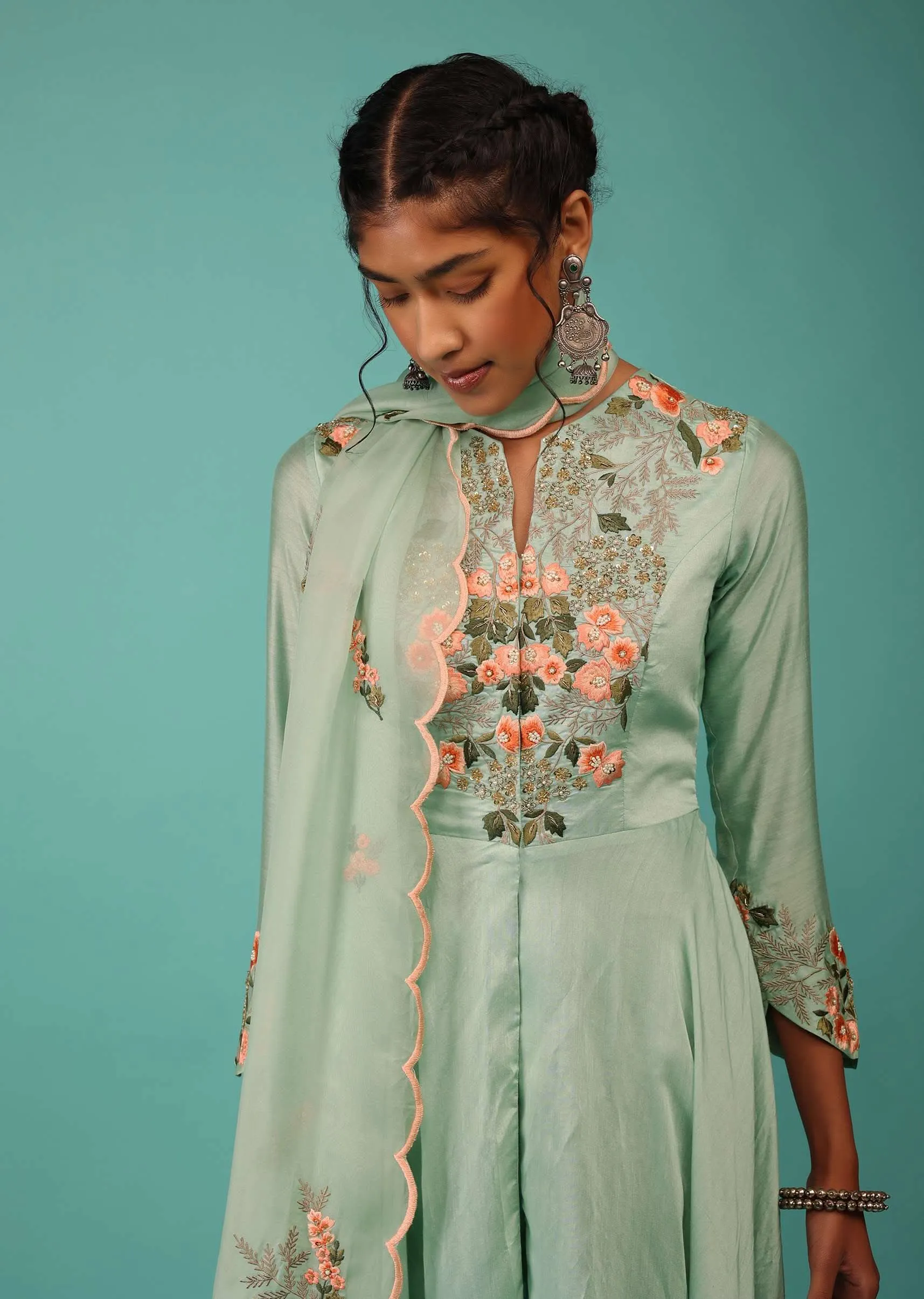 Kalki Dusty Aqua Green Pant Suit Set In Chanderi With Kashmiri Thread Embroidery For Women