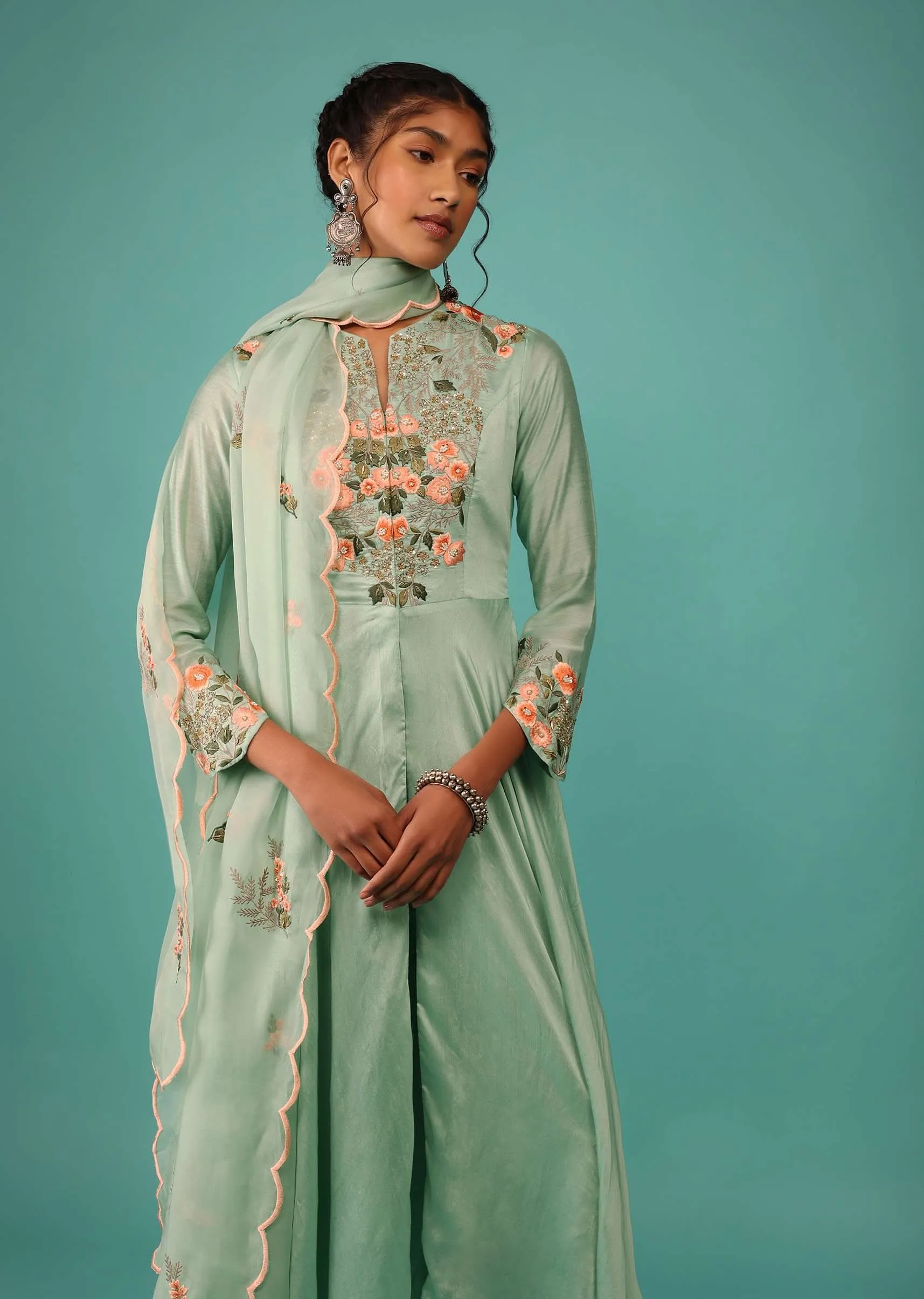 Kalki Dusty Aqua Green Pant Suit Set In Chanderi With Kashmiri Thread Embroidery For Women