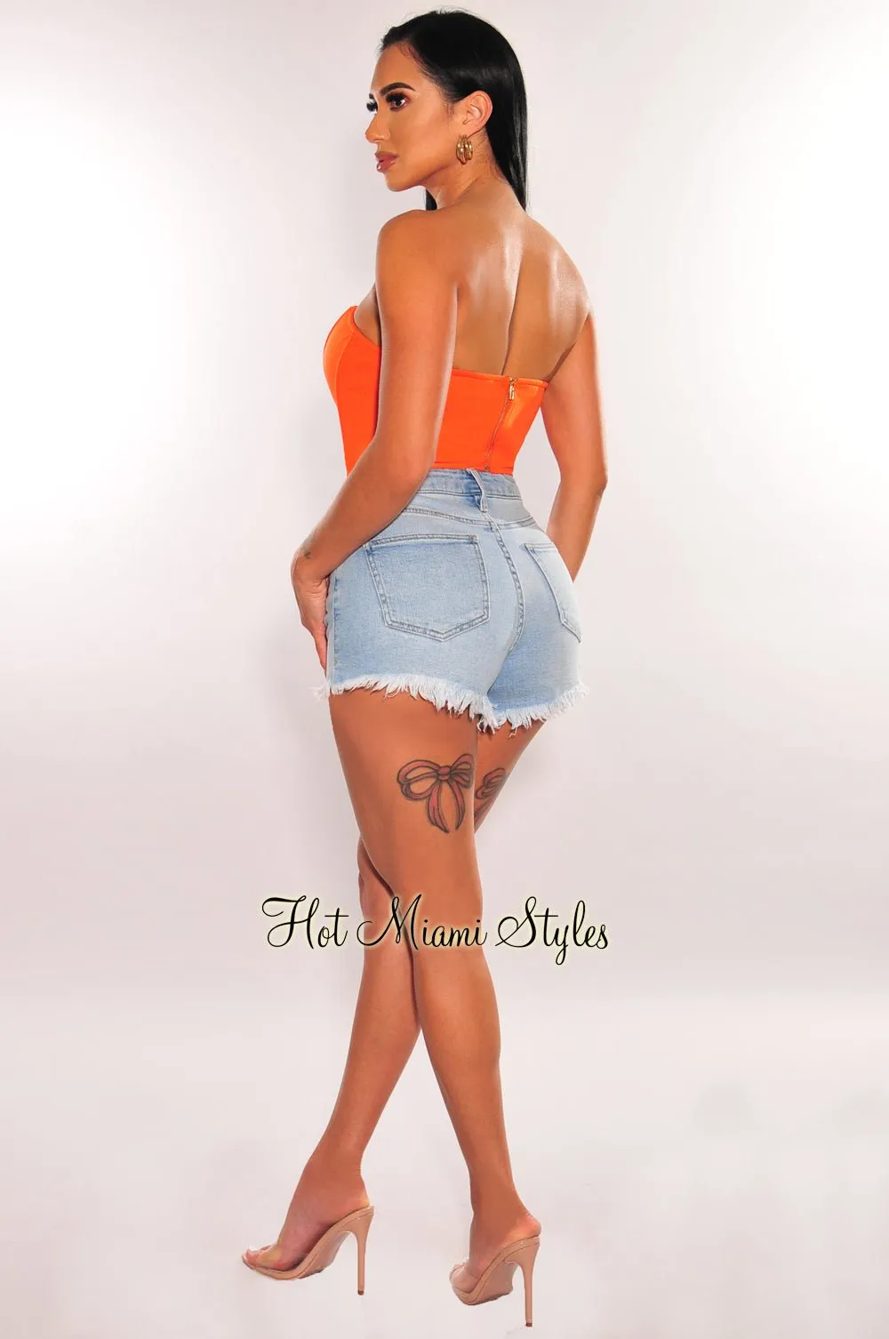 Light Denim High Waisted Frayed Mom Shorts