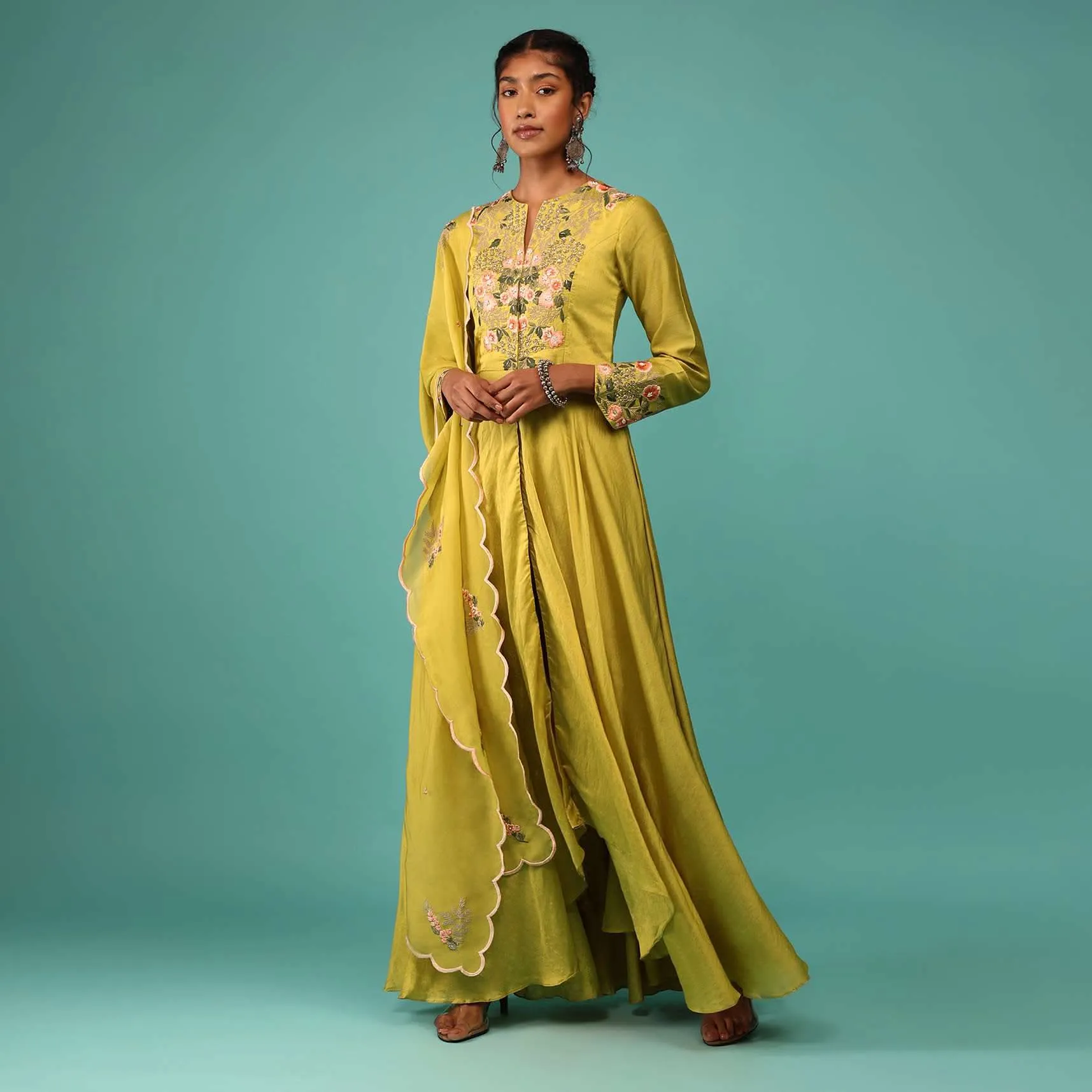 Lime Yellow Pant Suit Set In Chanderi With Kashmiri Thread Embroidery For Women