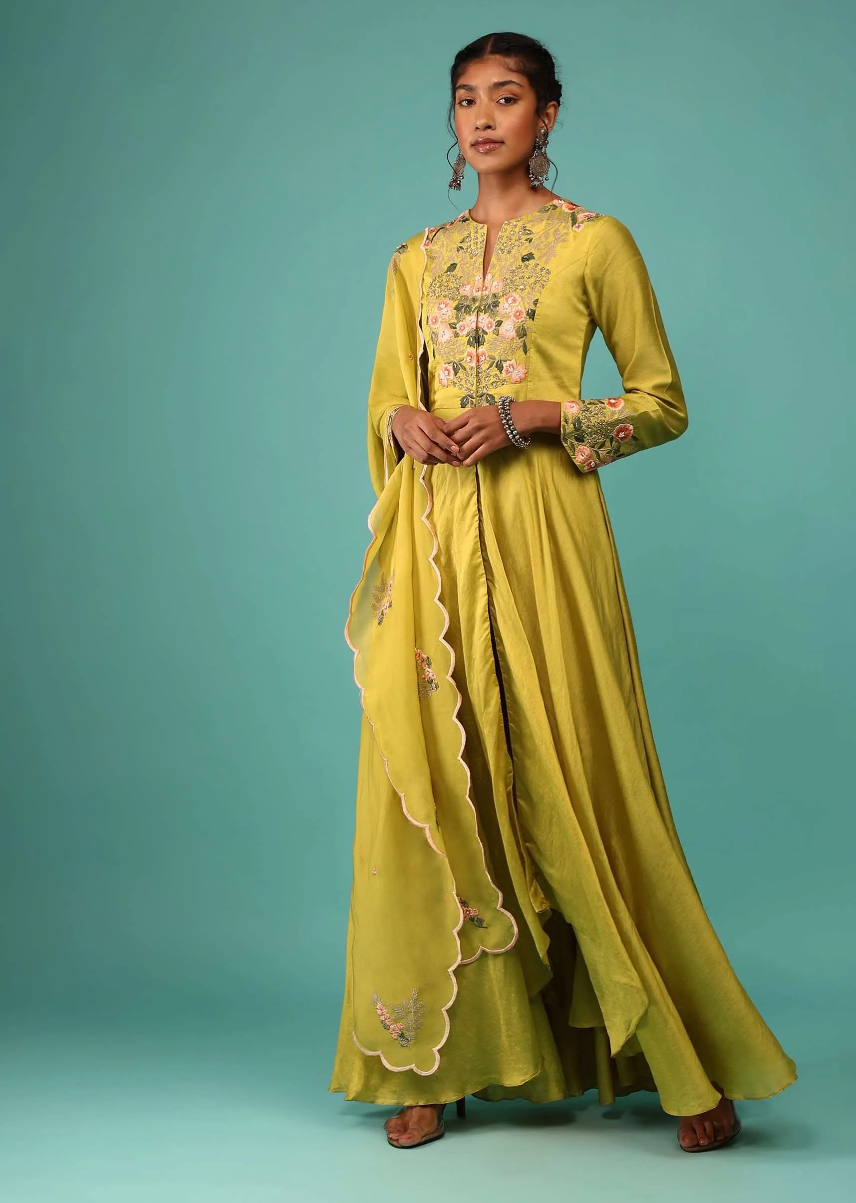 Lime Yellow Pant Suit Set In Chanderi With Kashmiri Thread Embroidery For Women