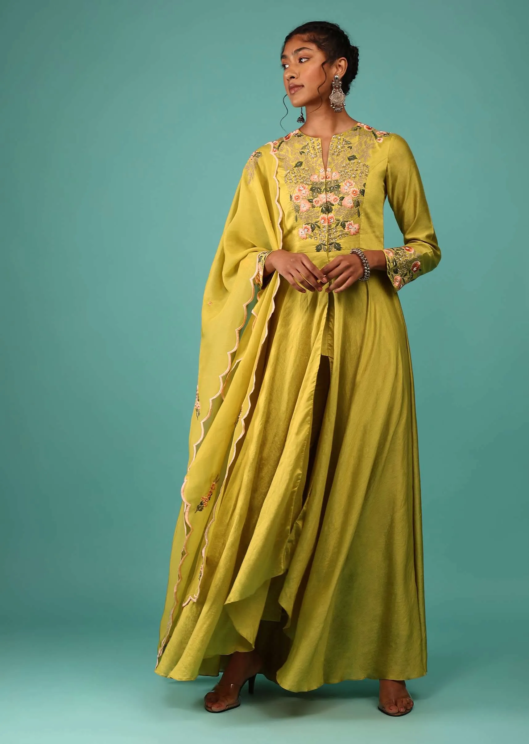 Lime Yellow Pant Suit Set In Chanderi With Kashmiri Thread Embroidery For Women