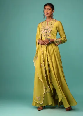 Lime Yellow Pant Suit Set In Chanderi With Kashmiri Thread Embroidery For Women