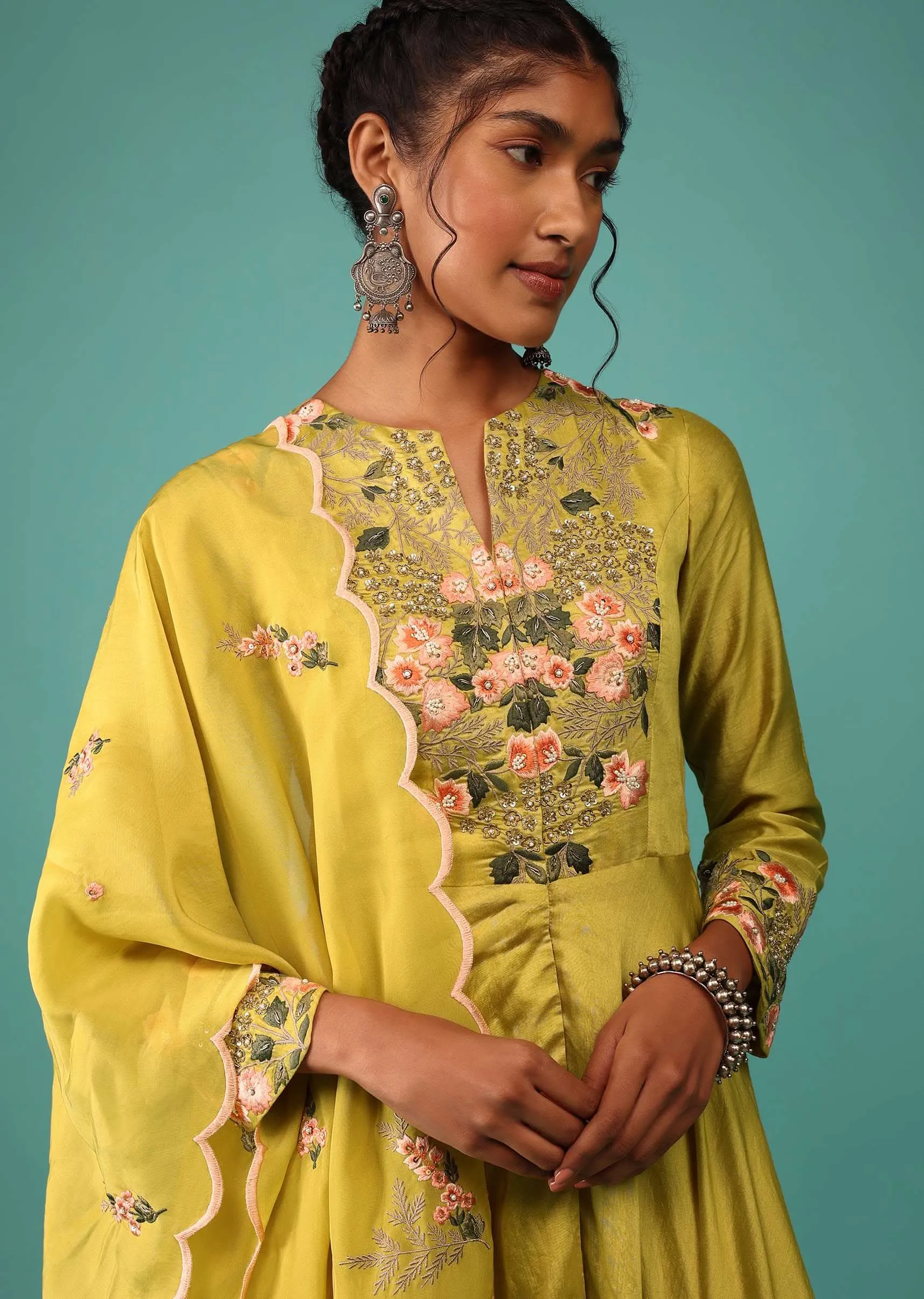 Lime Yellow Pant Suit Set In Chanderi With Kashmiri Thread Embroidery For Women