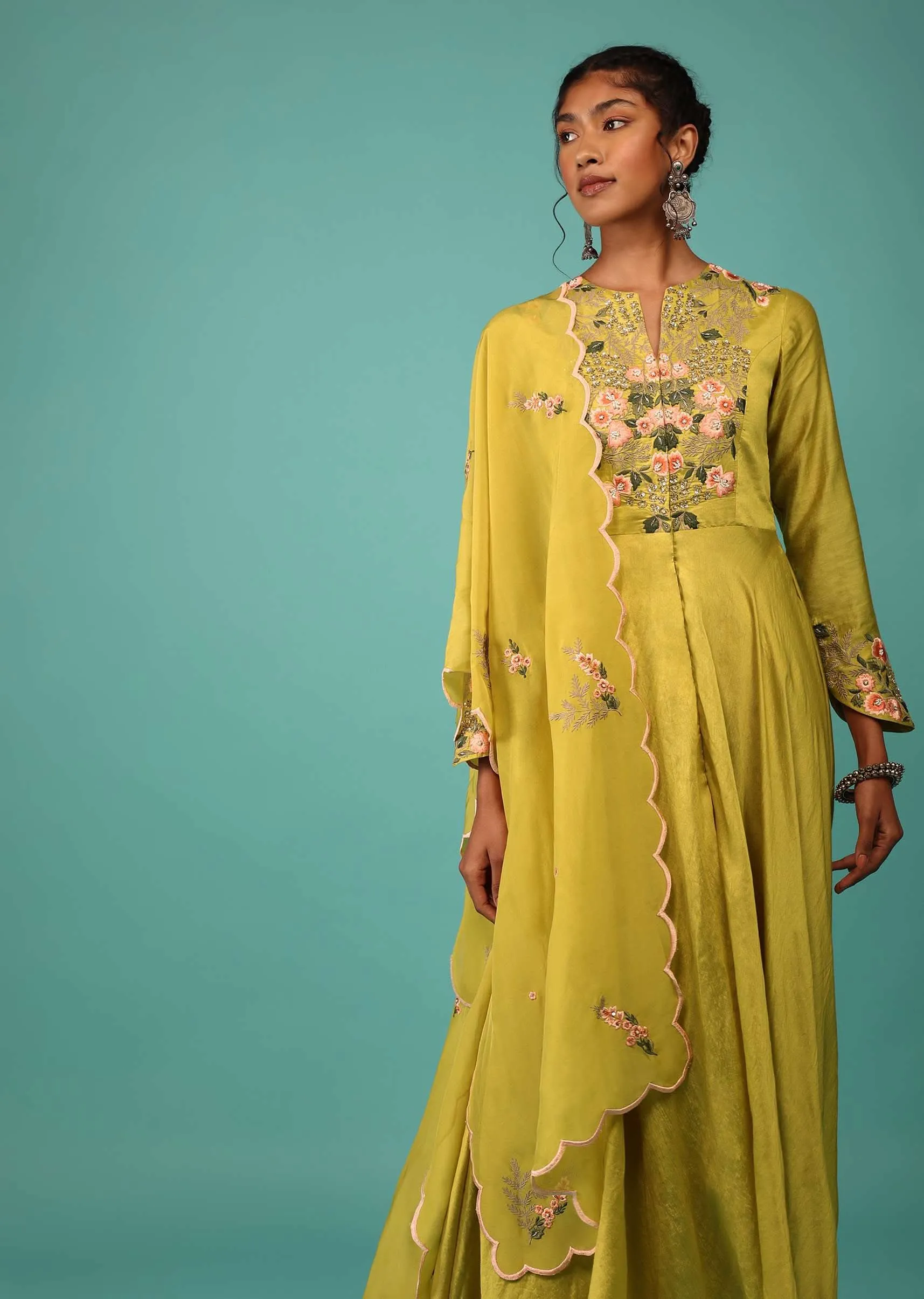 Lime Yellow Pant Suit Set In Chanderi With Kashmiri Thread Embroidery For Women