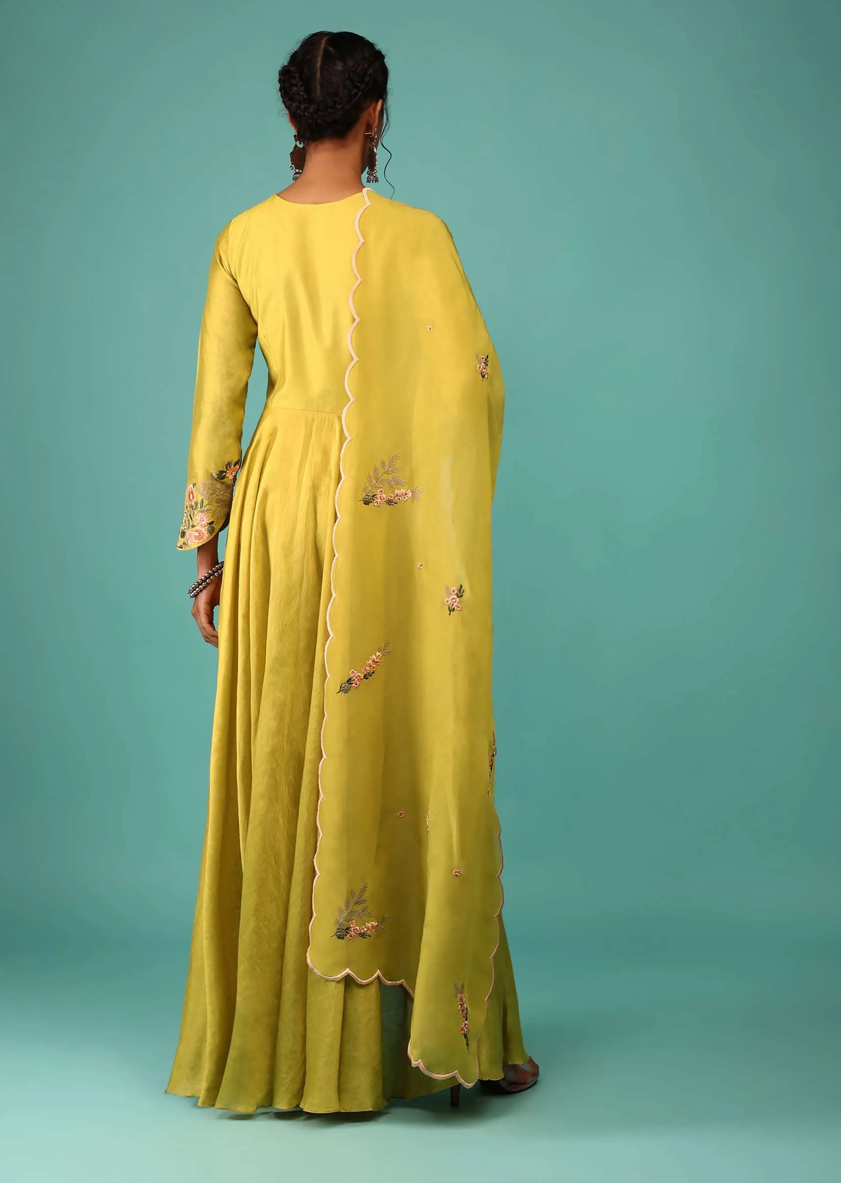 Lime Yellow Pant Suit Set In Chanderi With Kashmiri Thread Embroidery For Women