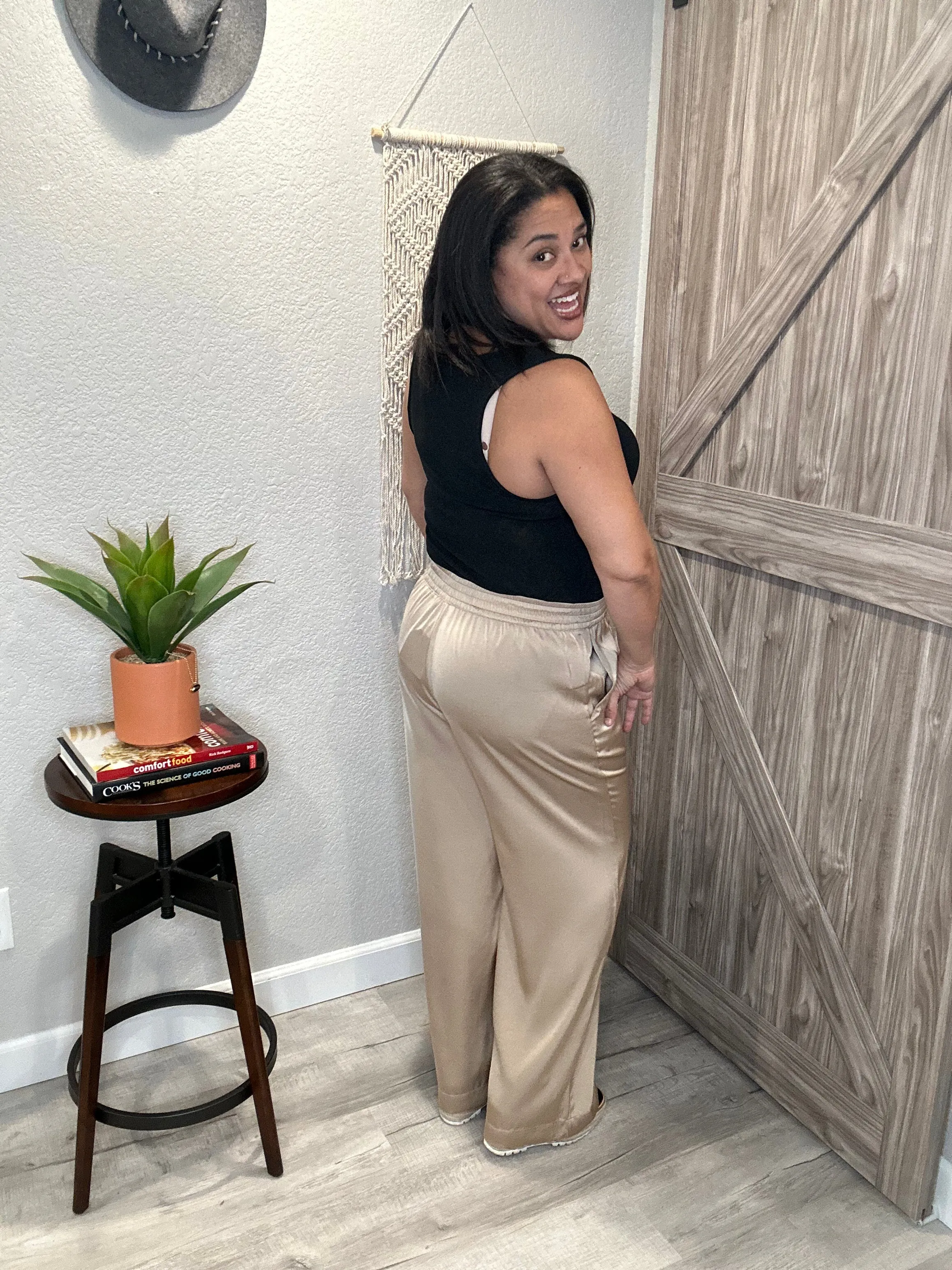 Metallic Taupe Satin Elastic Waist Wide Leg Pants