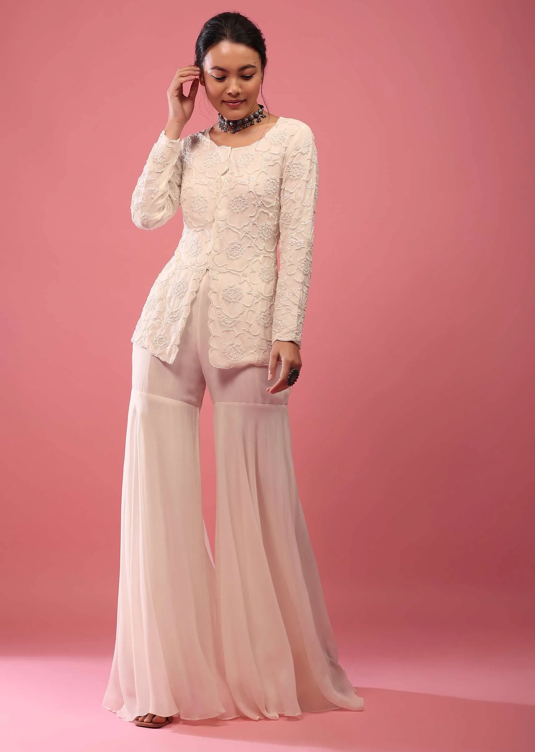 Off-White Sharara Suit In Georgette With Fully Embroidered Top & Flowy Pants