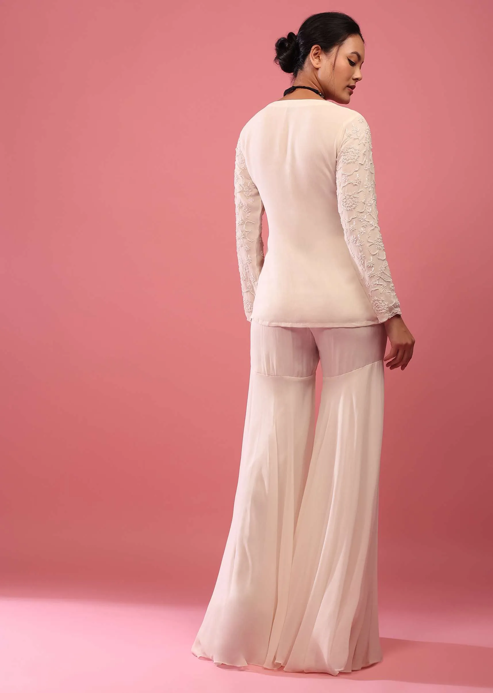 Off-White Sharara Suit In Georgette With Fully Embroidered Top & Flowy Pants