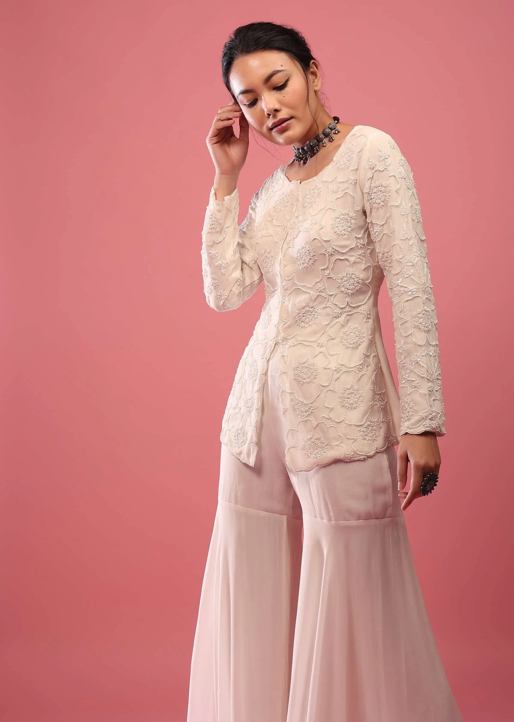 Off-White Sharara Suit In Georgette With Fully Embroidered Top & Flowy Pants