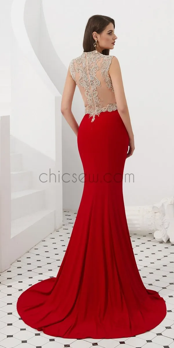 Red Long V-Neck Unique Mermaid Long Modest Prom Dresses Online, Evening Dresses LMX1149